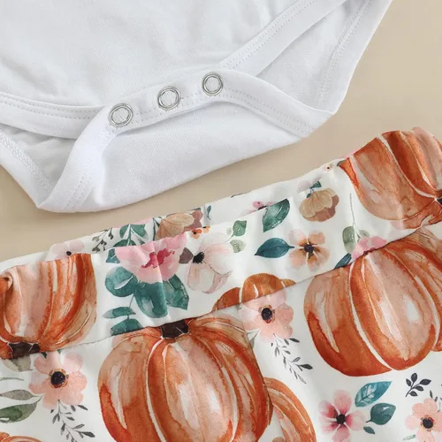 Vista 4 de Lamuusaa Traje de Halloween para bebé recién nacida, disfraz de calabaza de manga corta, enterizo con pantalones acampanados, diadema y disfraces