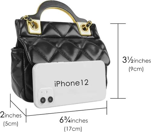 Vista 5 de Mini monedero para mujer, negro acolchado con celosía pequeña bolsa de asa superior, bolso de mano cruzado pequeño para uso diario, bodas, fiestas