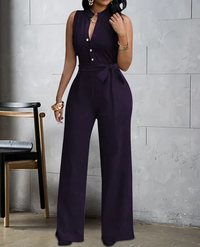 Vista 5 de Enterizo sexy para mujer, estampado floral, cuello en V, sin mangas, pierna ancha, pantalones largos