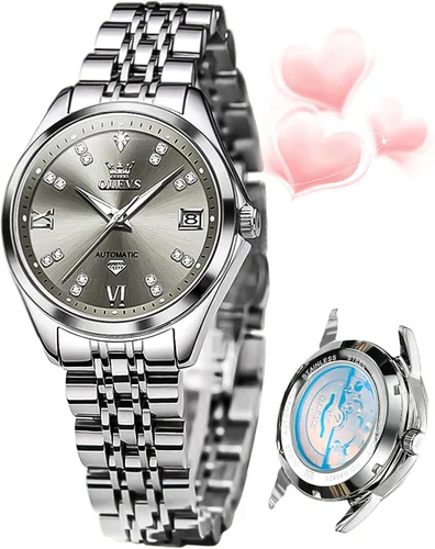Vista 8 de OLEVS - Reloj automático de lujo para mujer con diamantes, fecha, clásico, de cuerda automática, relojes de pulsera luminosos e impermeables