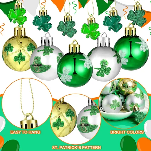 Vista 5 de Teling 36 piezas de decoración del día de San Patricio adorno colgante para árbol trébol bola colgante bola de plástico verde adorno trébol sombrero