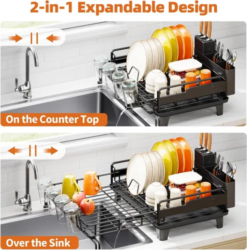 Vista 3 de Urackify - Escurridor de platos extendible, estante de secado de platos grande para encimera de cocina, escurridor de platos a prueba de óxido