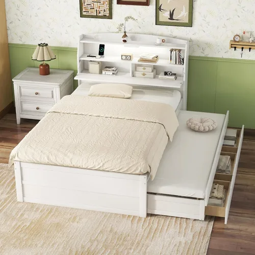 Vista 37 de VilroCaz Cama de plataforma multifunción tamaño twin con escritorio y estante de almacenamiento al final de la cama, marco de cama de plataforma