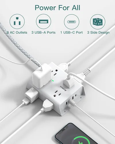 Vista 6 de Regleta protectora de sobretensiones, 8 tomas amplias con 4 puertos USB (1 toma USB C) y 3 salidas con 3 puertos USB, cable de extensión de enchufe