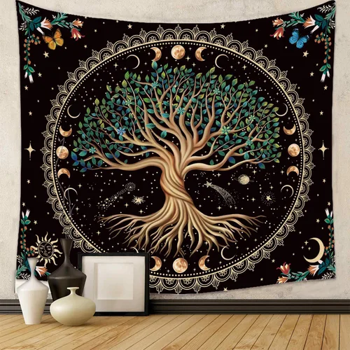 Vista 4 de Tapiz de árbol de la vida de fase lunar, naturaleza, flores, plantas, mariposas, tapices bohemios, mandala espiritual, tapiz estético para colgar