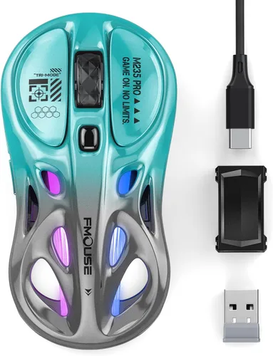 Vista 8 de FMOUSE Ratón inalámbrico para juegos, trimodo (2.4 G/Bluetooth/cableado), 4800 DPI, 1000 Hz ergonómico hueco RGB recargable tipo C para Gris