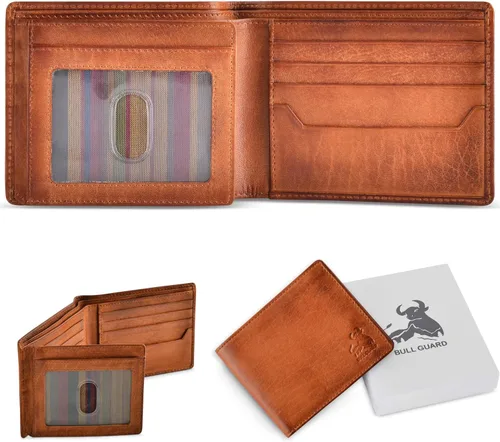 Vista 3 de Carteras plegables con bloqueo RFID para hombres con 2 ventanas de identificación cartera de cuero de grano completo de gran capacidad Marrón Rustic