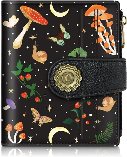 Vista 10 de Chelmon Cartera pequeña gótica para mujer, con bloqueo RFID, de piel sintética, plegable, para tarjetas de crédito, con ventana de identificación