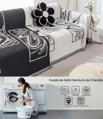 Vista 5 de Funda de sofá bohemia de chenilla, suave, apta para mascotas, protector de muebles multiusos con borlas Boho 3 Murales Franceses Negro