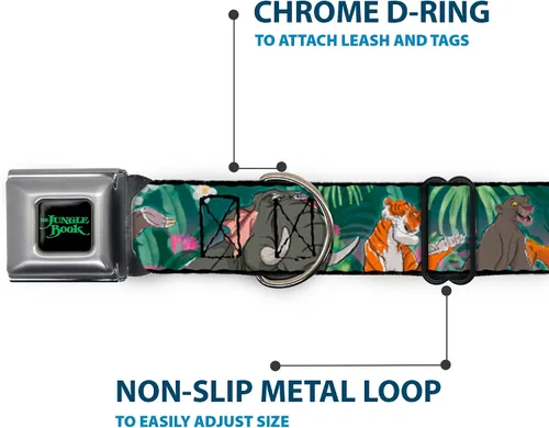 Vista 5 de Buckle-Down Collar de perro con hebilla de cinturón de seguridad The Jungle Book 8 Character Group Greens 9 a 15 pulgadas 1.0 pulgadas de ancho, 1
