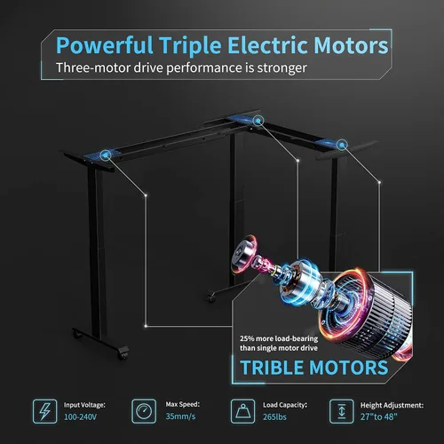 Vista 4 de CubiCubi Escritorio eléctrico en forma de L de triple motor, escritorio esquinero de pie ajustable de 63 pulgadas de altura, estación de trabajo