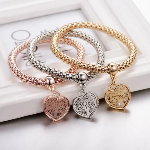 Vista 6 de 3 pulseras de cadena de palomitas de maíz de oroplataoro rosa - dije de edición de corazón con pulsera elástica de cristal para mujeres y niñas