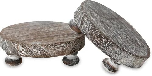 Vista 10 de Romadedi - Soporte de madera de granja para exhibición - 2 piezas, decoración rústica, mini pedestal de madera, bandeja redonda decorativa para mesa