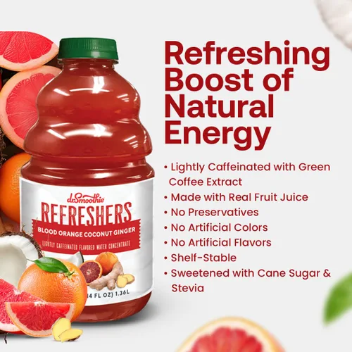 Vista 4 de Dr. Smoothie Refreshers Blood Orange Coconut Ginger – Hecho con jugo de fruta real – Concentrado de bebida, sin colores artificiales, estable