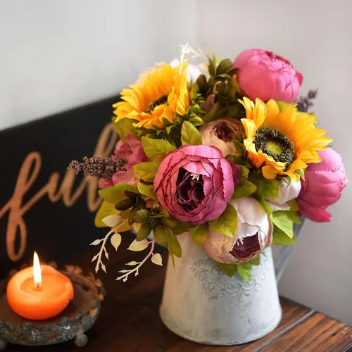 Vista 4 de FiveSeasonStuff ''Country Cottage'' - Ramo de flores artificiales de peonías y girasoles rosa seda