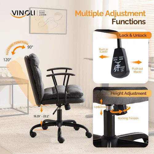 Vista 5 de VINGLI Silla de escritorio acolchada gris con/sin ruedas, base doble, reposabrazos extraíbles, ajustable y cómoda silla giratoria para computadora