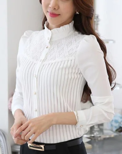Vista 5 de Blusa estilo vintage con manga larga de encaje elástico con cuello de botón para mujer