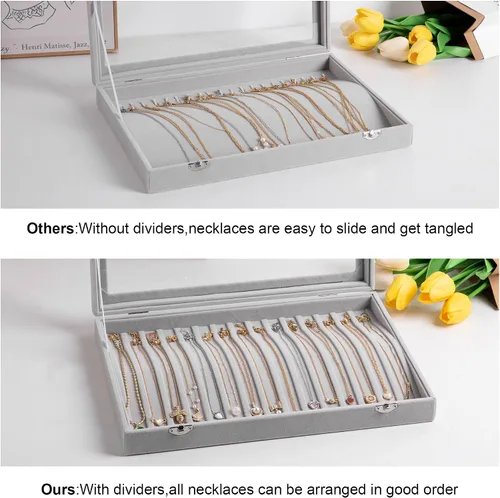 Vista 4 de Frebeauty Bandeja para collares de terciopelo con 15 ganchos, organizador de collares con tapa transparente, con cerradura, caja organizadora