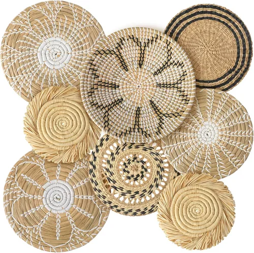 Vista 11 de Xuhal Juego de 8 cestas de pared colgantes tejidas, hechas a mano, decorativas, rústicas, estilo bohemio, cestas de pared artesanales de mimbre