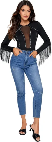 Vista 7 de SweatyRocks Body de malla transparente de manga larga con flecos y hombros descubiertos para mujer