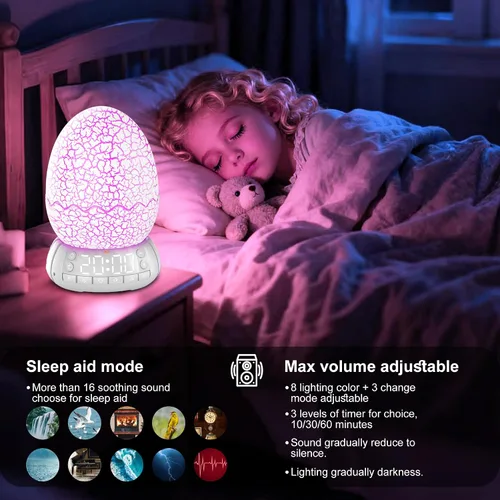 Vista 4 de Reloj Digital Huevo de Dragón de 2da Generación Despertador Ok para Despertar con Luz Nocturna / 20 Canciones de Cuna Ruido Blanco/Altavoz
