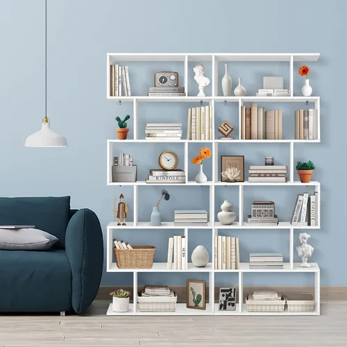 Vista 8 de Giantex Estantería geométrica blanca, de madera en forma de S, 6 niveles, moderna, independiente, decorativa, para dormitorio, sala de estar Blanco