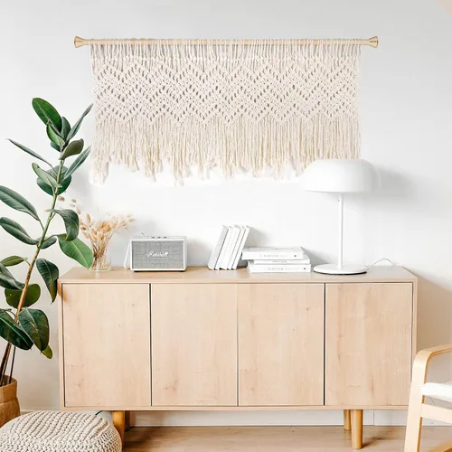 Vista 2 de Cortina bohemia de macramé con cenefa, 47 pulgadas de ancho x 22 pulgadas de largo (beige), casual, filtro de luz, sin forro, adulto, unisex