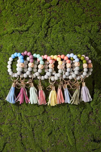 Vista 3 de Women Silicone Beads Key Ring Chain Wristlet Keychain Bracelet with Card Holder Leather Tassel Bangle