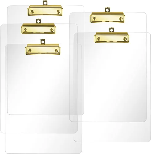 Vista 11 de Moocci Portapapeles transparentes de acrílico grueso, bonito portapapeles transparente con clip dorado fuerte agujero oculto para colgar papel A4