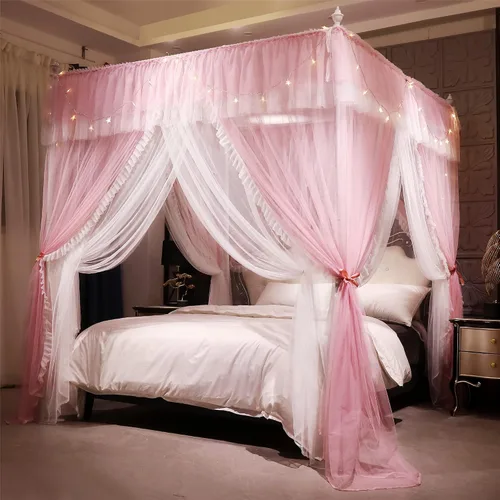 Vista 12 de VETHIN Cortina de Dosel de Cama de Princesa con Volantes de 4 Postes de Esquina - Red de Tul de Doble Capa Acogedora con 4 Aberturas, Mosquitera