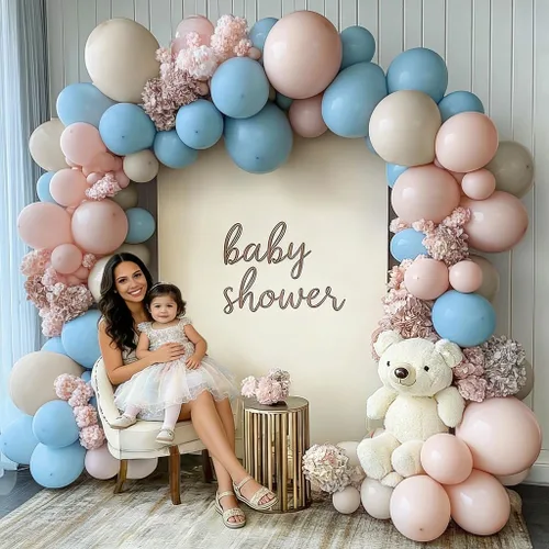 Vista 4 de Kit de guirnalda de globos rosa y azul, doble relleno, azul polvoriento, rosa, blanco, arena, nude, crema, para revelación de género, baby shower
