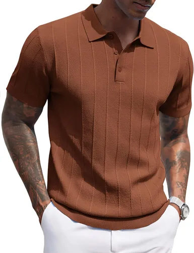 Vista 132 de COOFANDY Camisas polo de punto para hombre de manga corta con textura acanalada Camisas de golf casuales y ligeras con cuello Camiseta de polo