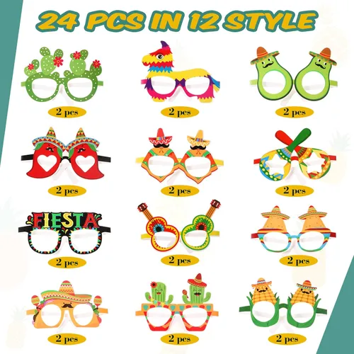 Vista 4 de Meooeck 24 pares de anteojos mexicanos para fiesta cinco de mayo, gafas de papel, Taco, cactus, fiesta, decoración mexicana para fiestas