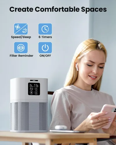 Vista 3 de Purificador de aire para habitación grande de hasta 350 pies cuadrados, filtro HEPA VEWIOR H13 con 6 ajustes de temporizador, aromaterapia
