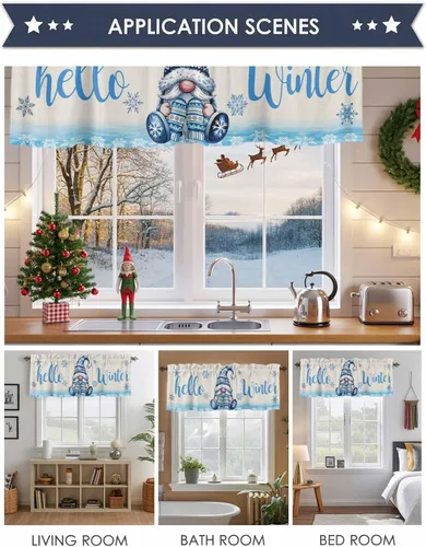 Vista 6 de Cenefa de Navidad para ventanas, cenefas de gnomo, cenefas de invierno con bolsillo para barra, tratamientos de ventana, diseño de copo de nieve