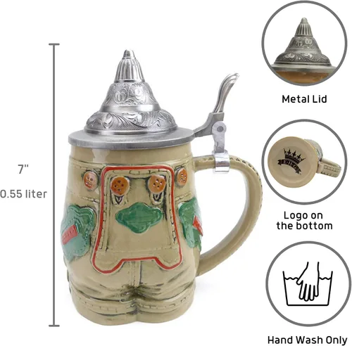 Vista 2 de 0.55 litros OktoberfestHaus German Stein Oktoberfest - Taza de cerveza de cerámica con tapa Lederhosen alemán con tapa, artículos de Oktoberfest