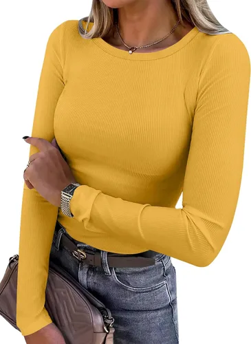 Vista 19 de ANRABESS - Camisetas de manga larga para mujer, de punto acanalado, ajustadas, básicas, 2025, informales, para usar a capas o debajo del uniforme