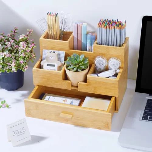 Vista 6 de Organizador de escritorio de bambú Charmlife - Almacenamiento de maquillaje y bolígrafos con cajón y soporte para lápices para la organización