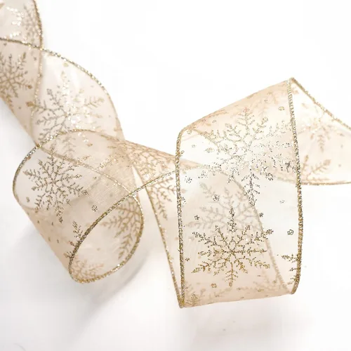 Vista 5 de Cinta con alambre de organza con copos de nieve dorados de champán para decoración navideña del hogar, lazo para la parte superior del árbol