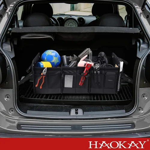 Vista 6 de HAOKAY Organizador de maletero de automóvil con tapa, resistente, extra grande, color negro, Oxford, multicompartimentos, plegable, para SUV