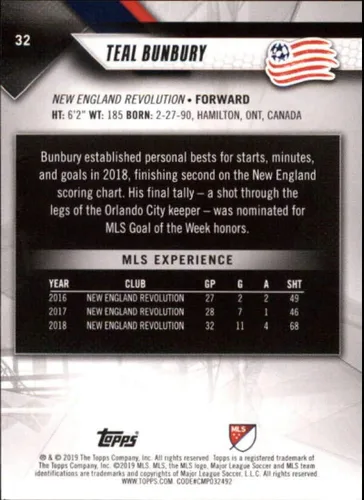 Vista 2 de 2019 Topps MLS #32 Teal Bunbury New England Revolution - Tarjeta de intercambio de fútbol