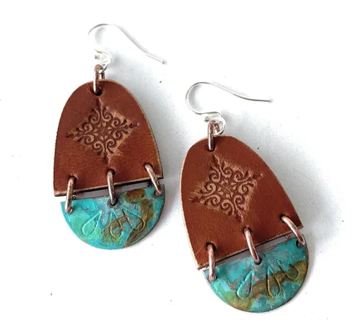 Vista 2 de Boho Leather Stamped Scroll & Turquoise Rust Copper Earrings (Sterling Silver Earwires)