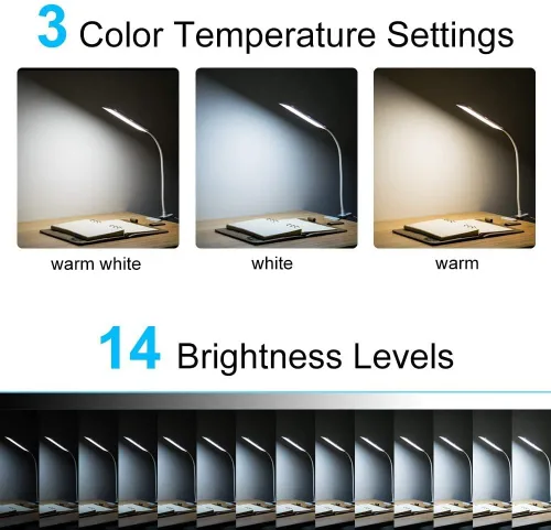 Vista 2 de Lámpara de escritorio LED, clip USB de 5 W, lámpara de mesa con abrazadera de lectura para cuidado de los ojos con 48 luces LED, cuello flexible, 3