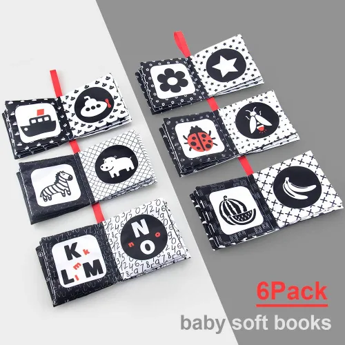 Vista 4 de teytoy My First Soft Book, 6 piezas de tela no tóxica para actividades arrugadas en blanco y negro para bebés, niños y niñas, juguetes educativos