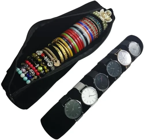 Vista 8 de Bolsa de viaje para reloj de pulsera, organizador de joyas, bolsa portátil de terciopelo negro y gris con inserto de rollo extraíble