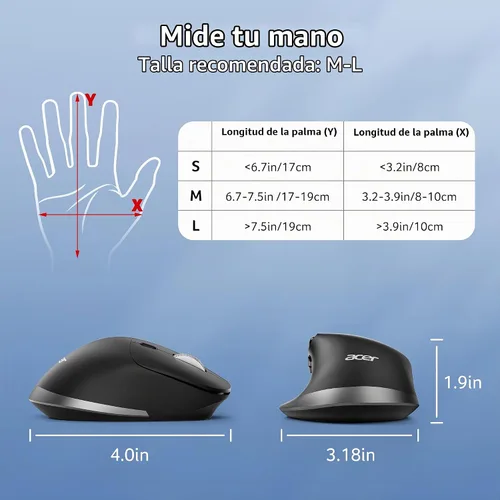Vista 7 de Acer - Ratón ergonómico inalámbrico recargable con desplazamiento lateral (BT5.2+2.4GHz), ratón Bluetooth para computadora portátil, 6 DPI