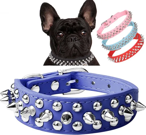 Vista 16 de Serijoars Collar para perro con tachuelas, de piel sintética suave con clavos de hongos, ajustable, para cachorros (XS, Negro)