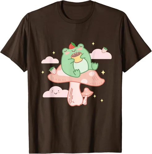 Vista 7 de Kawaii Strawberry Frog On Mushroom - Camiseta de manga corta de anime, Azul / Patchwork, S Azul Pastel
