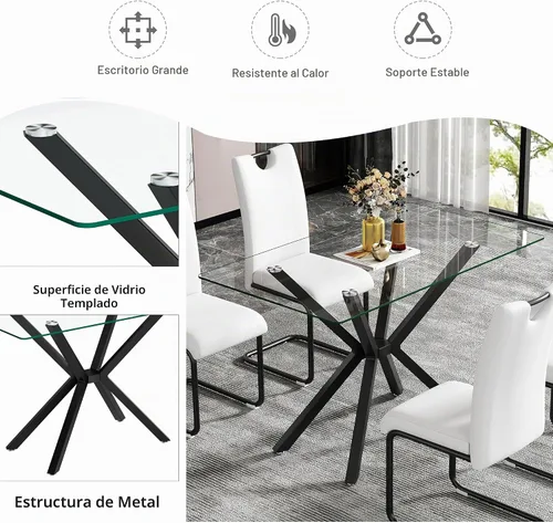 Vista 7 de Juego de comedor moderno de cristal de lujo de 5 piezas, juego de comedor rectangular minimalista para 4, juego de mesa de cocina de vidrio