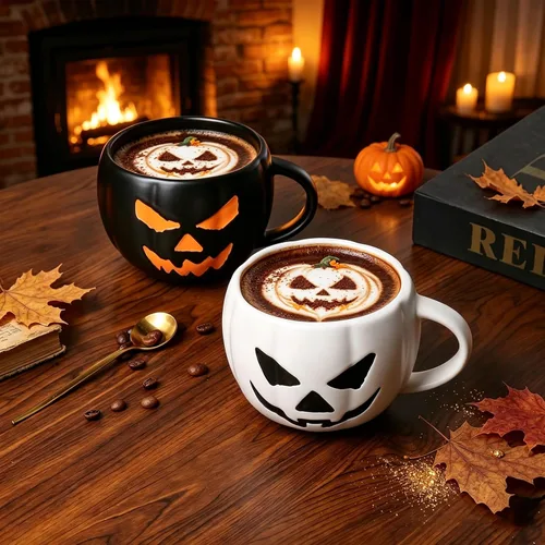 Vista 5 de Halloween Pumpkin Coffee Mugs Set of 2, 16oz Stoneware Coffee Cups